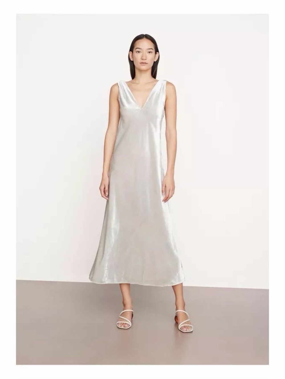 Vince Ruched Velvet V-Neck Sleeveless Midi Dress Silver Size Small